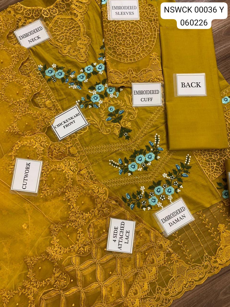 Mustard Heavy Embroidered Chikenkari (cotton) Unstitched 3 piece suit