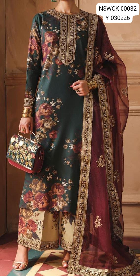 Black & red embroidered printed lawn - Unstitched 3 piece