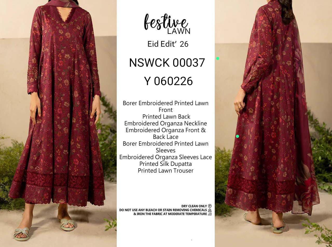 Maroon Chikenkari Embroidered Festive wear Unstitched 3 piece