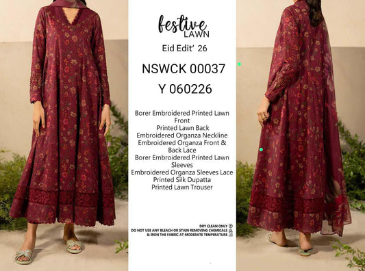Maroon Chikenkari Embroidered Festive wear Unstitched 3 piece