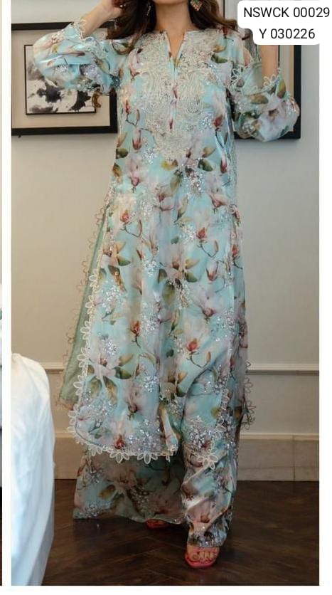 Sea green  embroidered printed lawn   - 3 piece unstitched