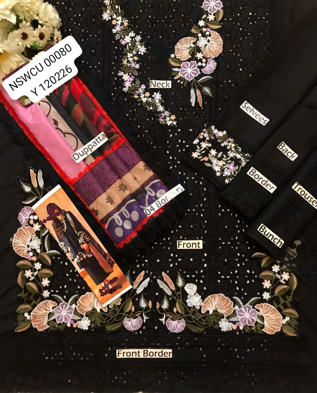 BLACK CHICKENKARI EMBROIDERED LAWN UNSTITCHED 3 PIECE