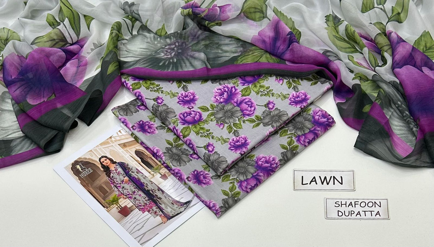 Grey Printed Lawn Unstitched 3 Piece