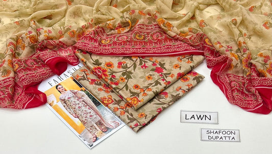Beige Printed lawn unstitched 3 piece