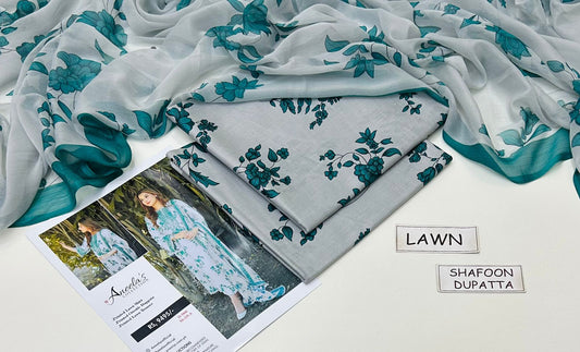 Blue Printed Lawn Unstitched 3 Piece