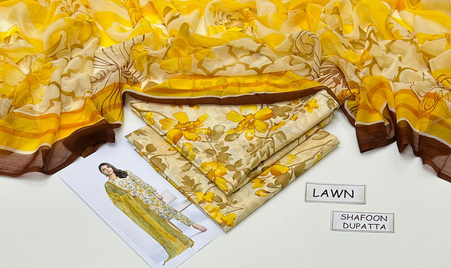 Multicolor Printed Lawn Unstitched 3 PC (chiffon dupatta )