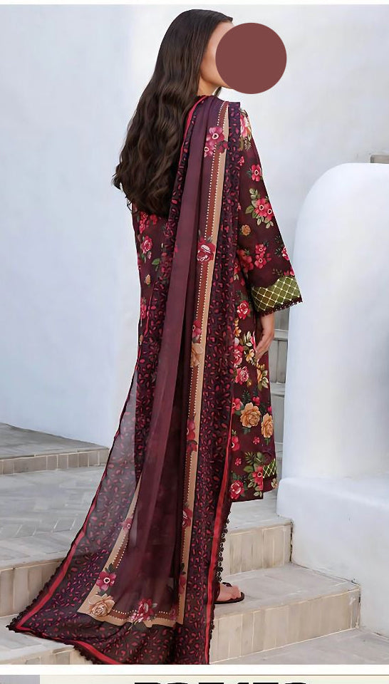 Brown Lawn Printed Unstitched 3 PC