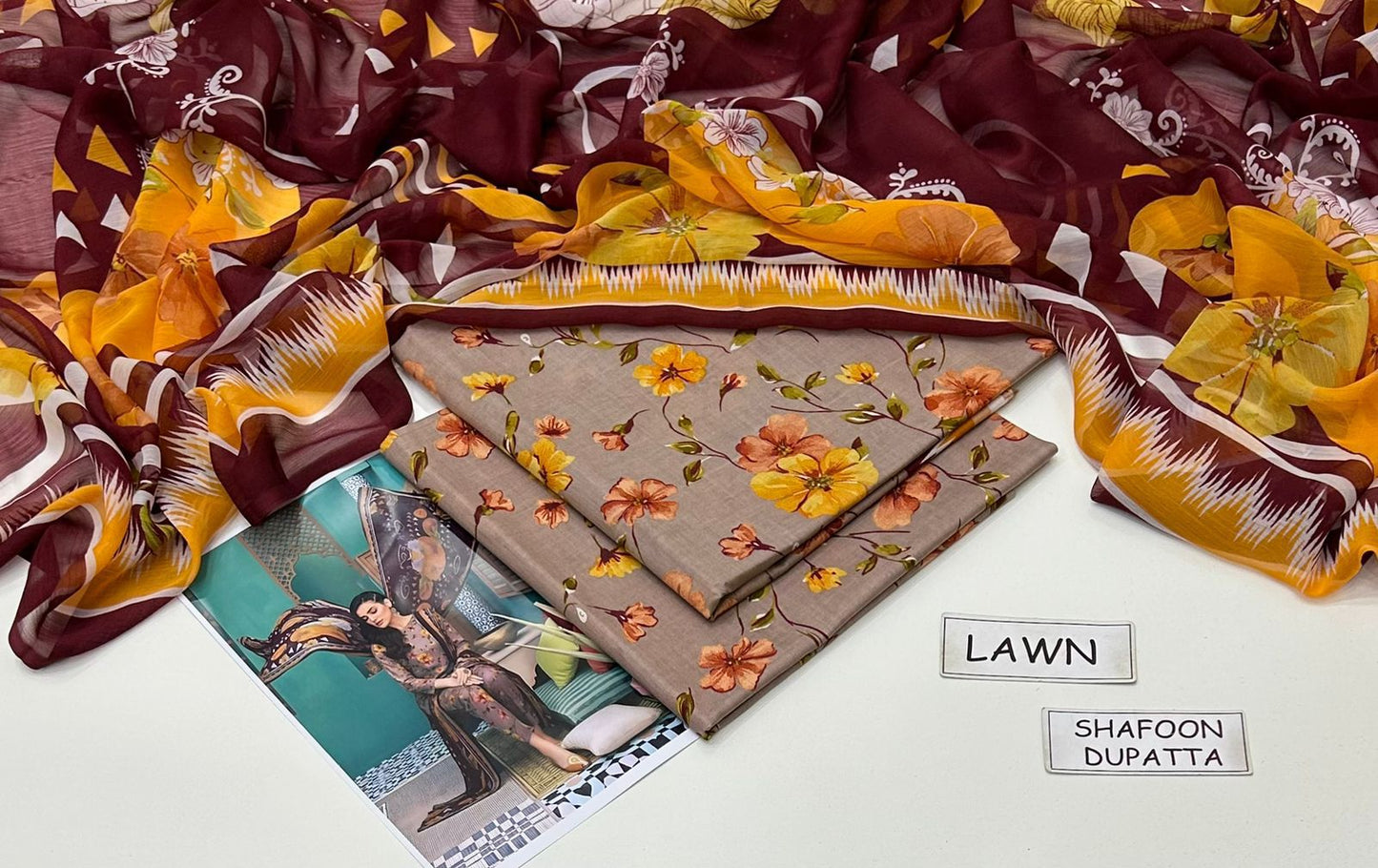 Maroon Printed Lawn Unstitched 3 Piece