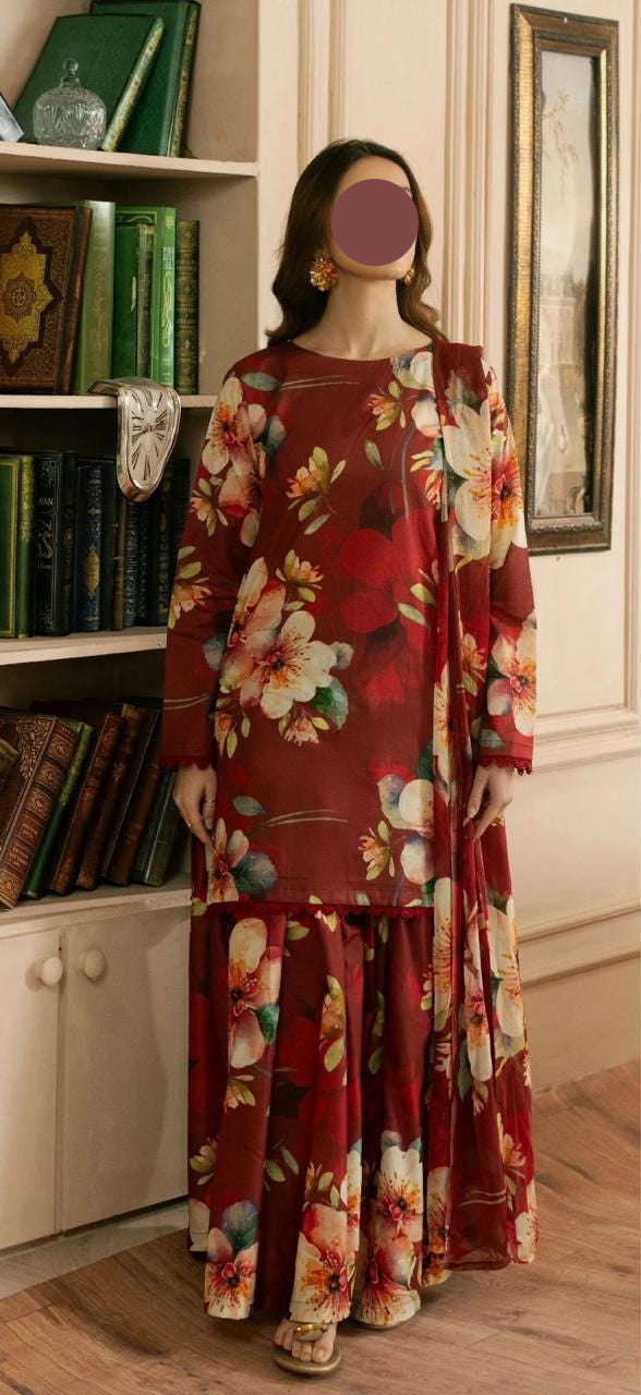 Brown Printed Lawn Unstitched 3 Pc