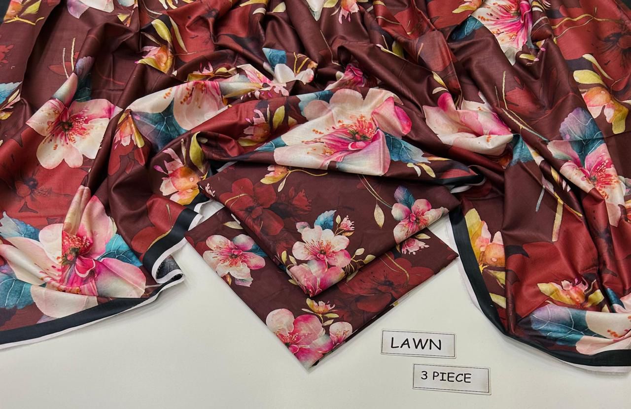 Brown Printed Lawn Unstitched 3 Pc