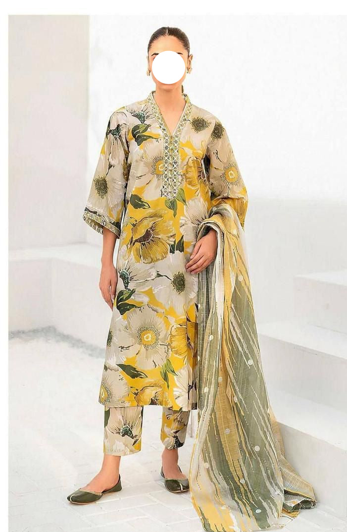 Beige Lawn Printed Unstitched 3 PC (Chiffon dupatta)
