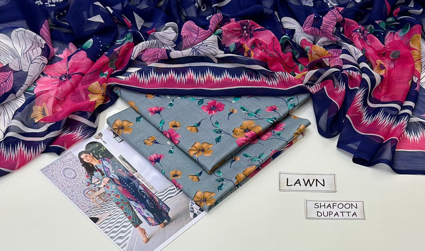 Blue Lawn Printed Unstitched 3 PC