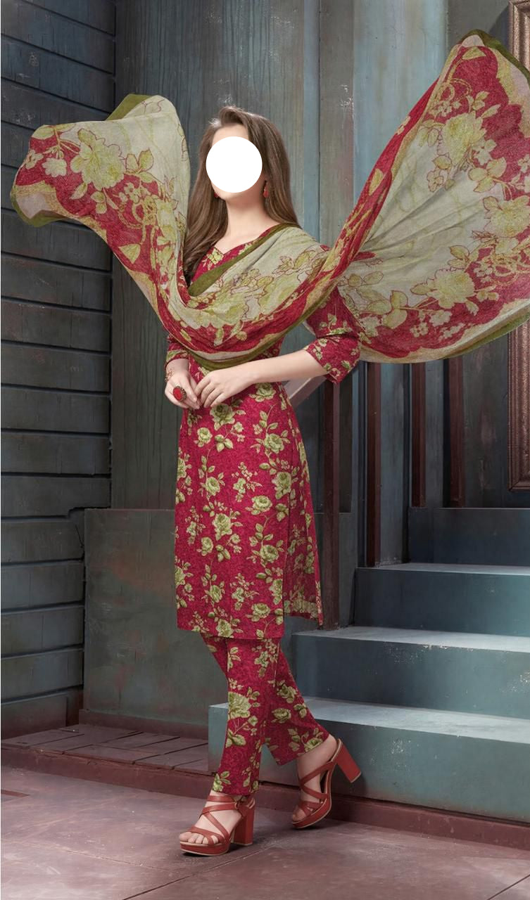 Red Lawn Printed Unstitched 3 PC (chiffon dupatta)