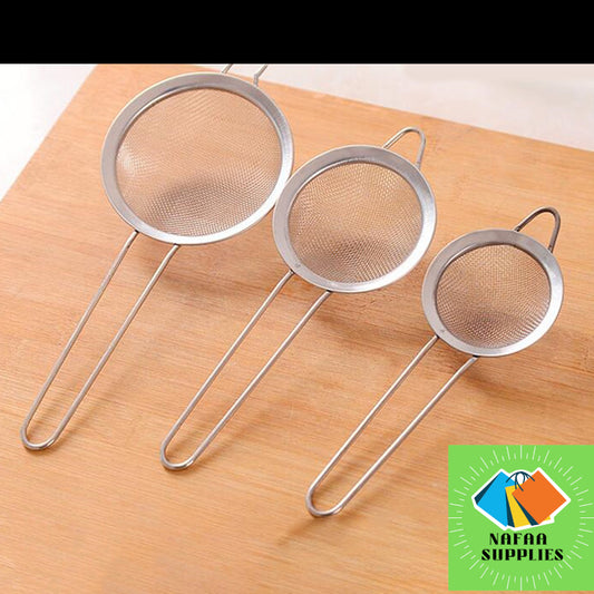 Fine Mesh Tea Strainers Set 3 pieces , Premium Stainless Steel Colanders and Sifters, with Reinforced Frame Sturdy Handle, Perfect for Sift, Strain and Drain Tea, Cofffee, Green Tea, Fresh Milk, Semolina Flour, Poppy Seeds etc - 3 Sizes