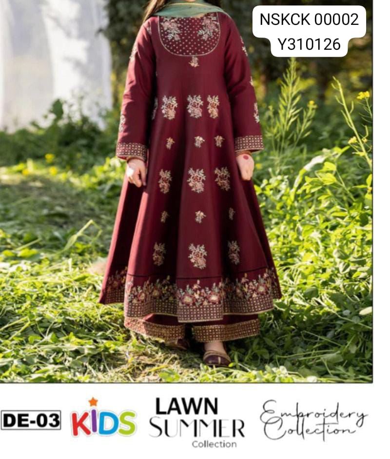 KIDS -Maroon Lawn Embroided Suit Unstitched 3 piece