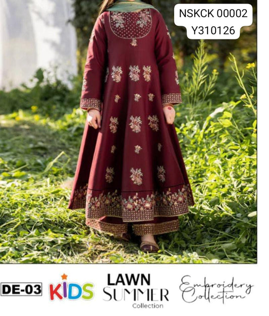 KIDS -Maroon Lawn Embroided Suit Unstitched 3 piece