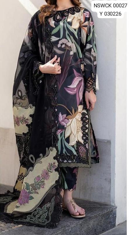 Black embroidered printed lawn  - 3 piece unstitched