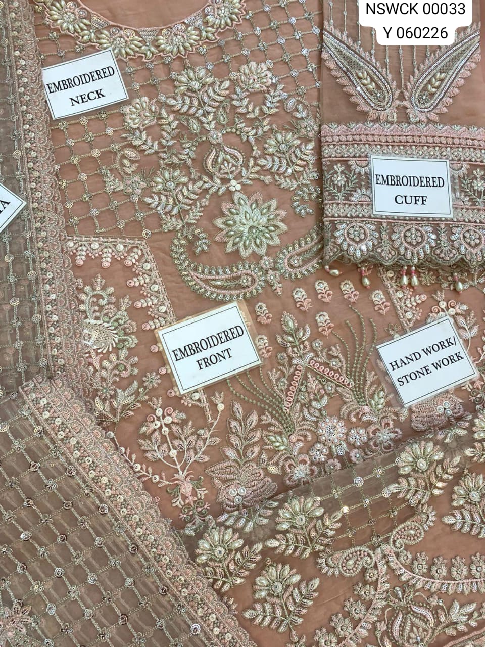 Fancy Peach Organza Silk Heavy Embroidered Unstitched 3 piece