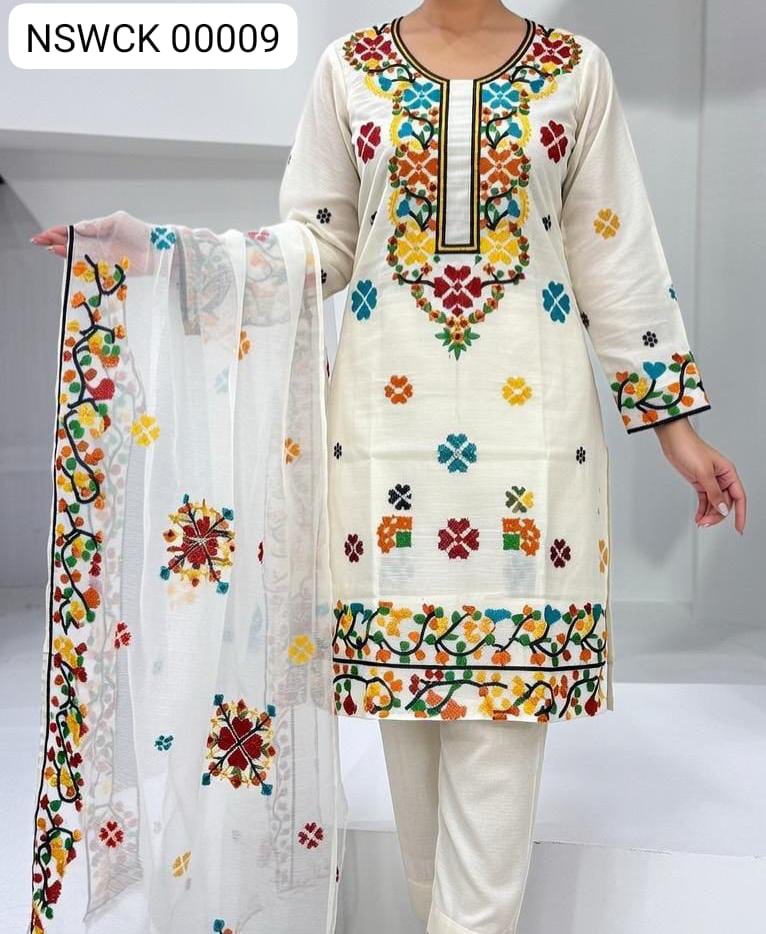 White Lawn Printed & Embroided Suit Unstitched 3 piece