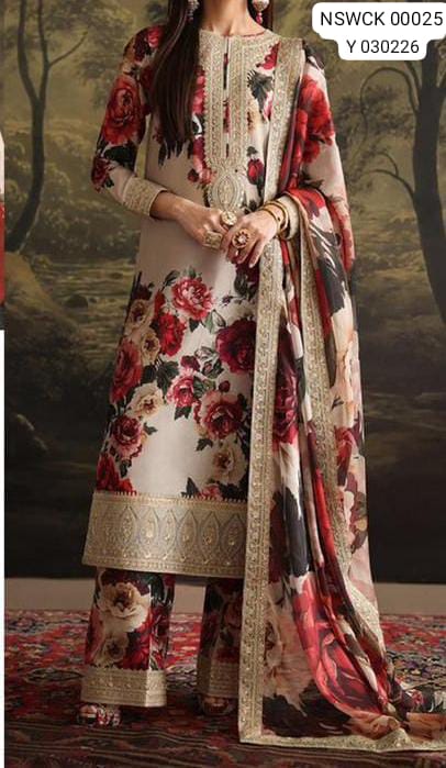 Beige embroidered printed lawn  Unstitched 3 Piece