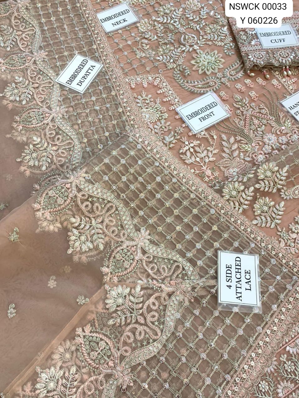 Fancy Peach Organza Silk Heavy Embroidered Unstitched 3 piece