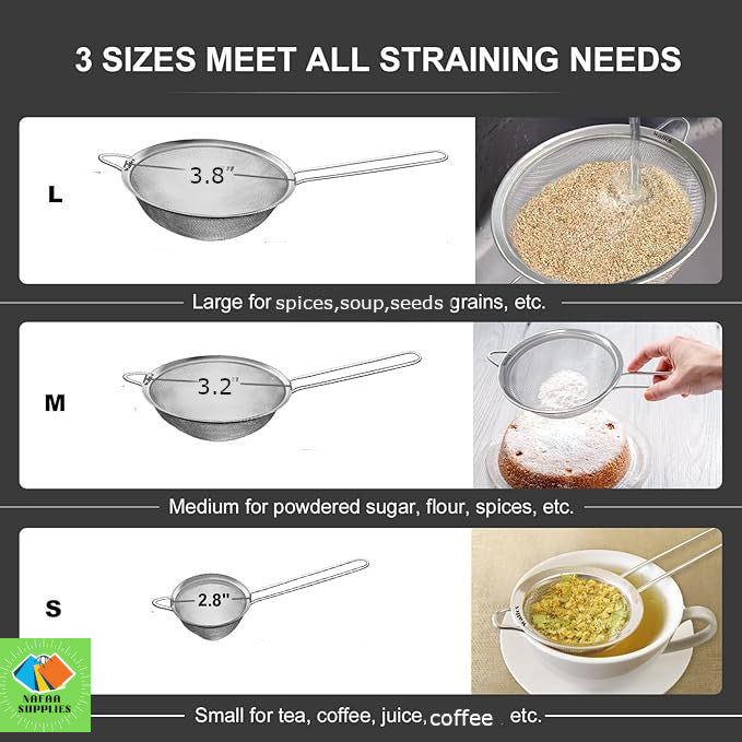 Fine Mesh Tea Strainers Set 3 pieces , Premium Stainless Steel Colanders and Sifters, with Reinforced Frame Sturdy Handle, Perfect for Sift, Strain and Drain Tea, Cofffee, Green Tea, Fresh Milk, Semolina Flour, Poppy Seeds etc - 3 Sizes