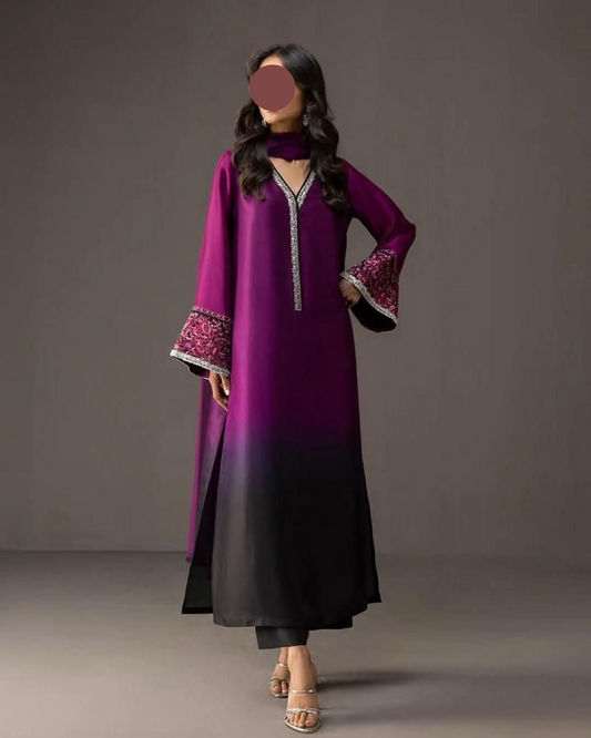 PURPLE BLACK SHADED PRINTED SILK UNSTITCHED 3 PC