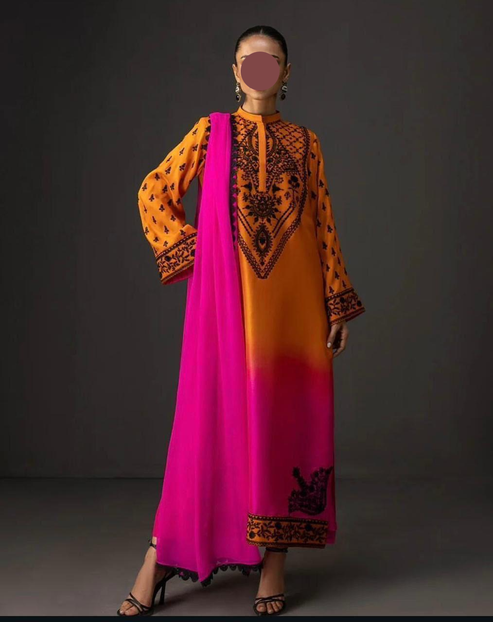 Orange Shaded Printed Silk Unstitched 3 PC