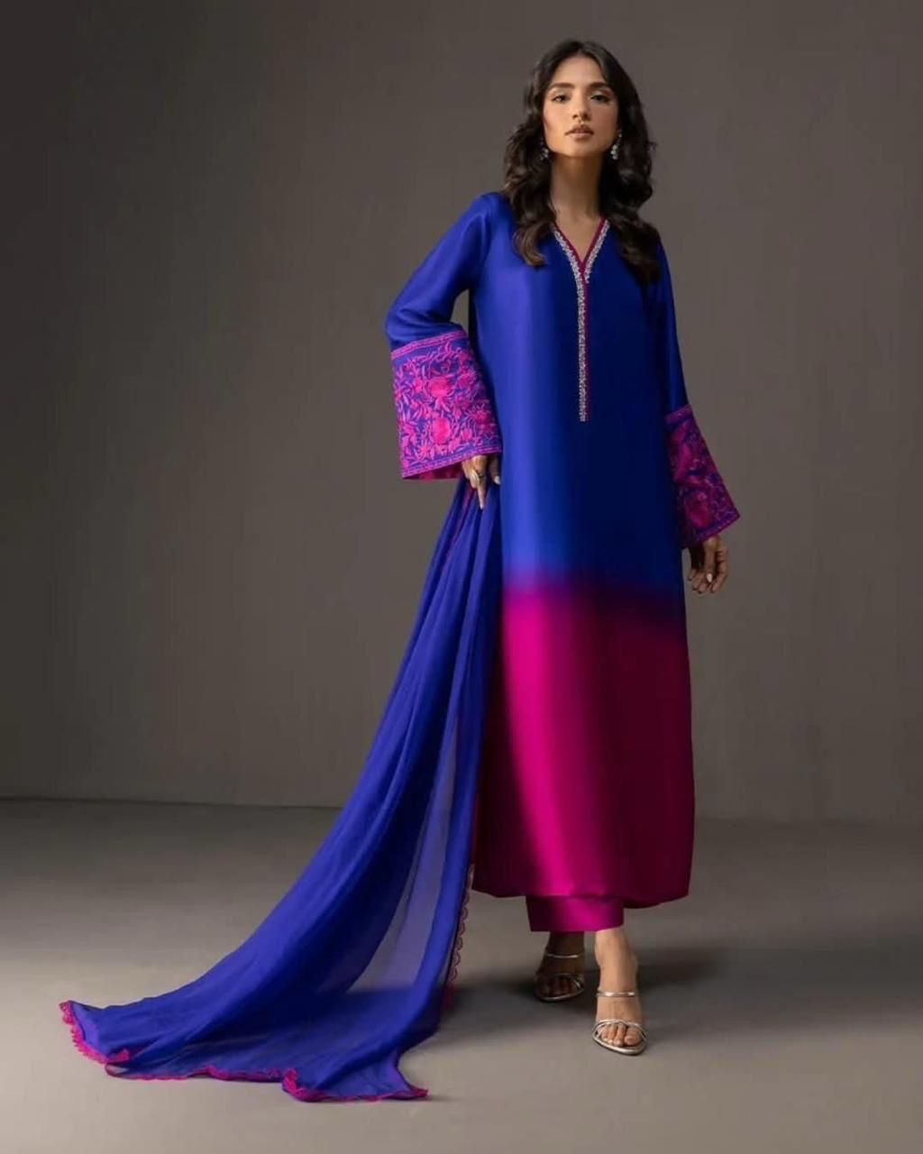 Blue & Pink Shaded & Printed Silk Unstitched 3 PC