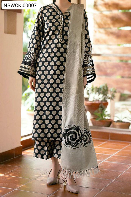 Black Lawn Printed & Embroided Suit Unstitched 3 piece