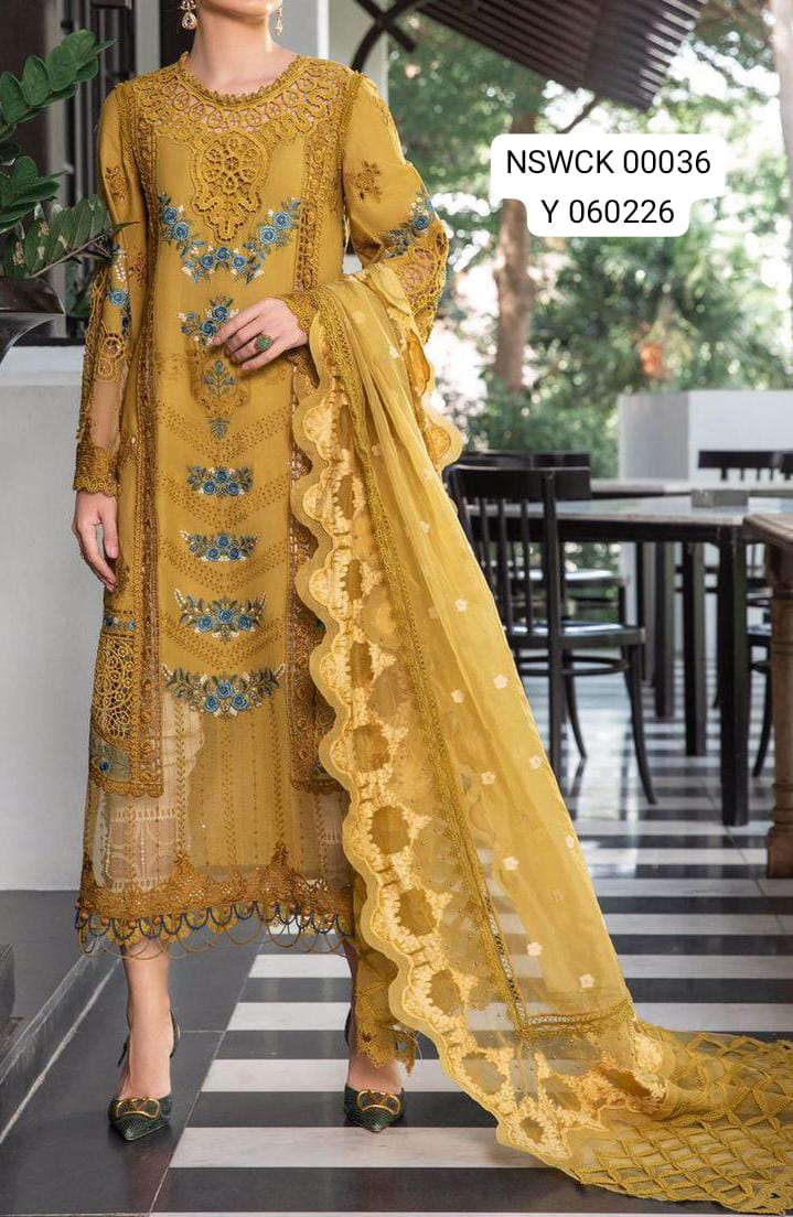 Mustard Heavy Embroidered Chikenkari (cotton) Unstitched 3 piece suit