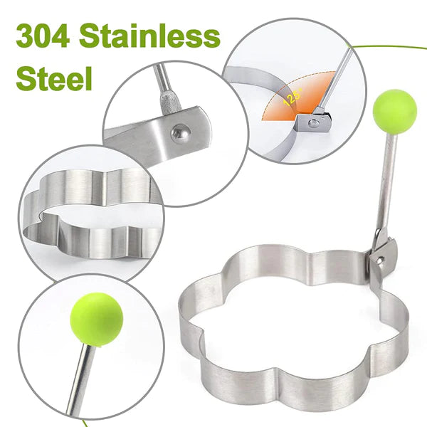 Large 3.5" Stainless Steel Egg Molds Set of 4 Different Shapes (Flower,Round,Heart,Star Shapes), Round Crumpet Ring Mold Shaper for English Muffins Pancake Cooking Griddle - Portable Grill Accessories for Camping Indoor Breakfast Sandwich Burger