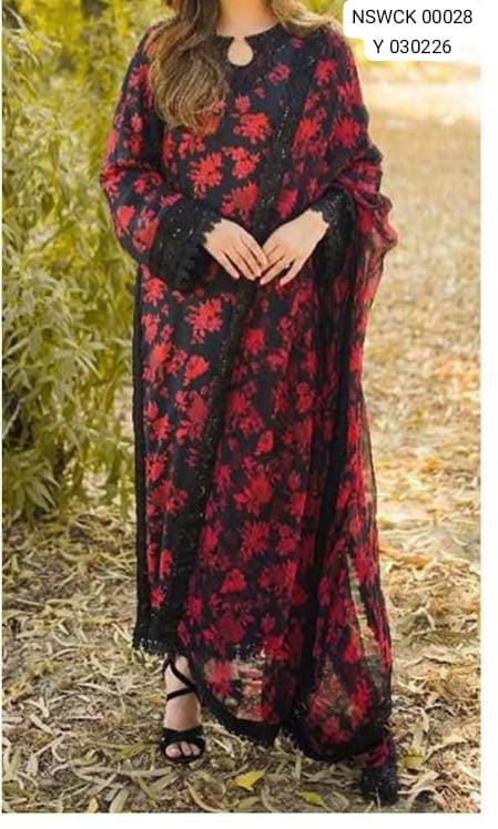Black and red embroidered printed lawn  -  3 piece unstitched