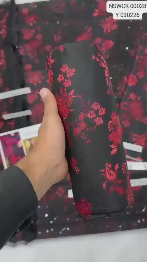 Black and red embroidered printed lawn  -  3 piece unstitched