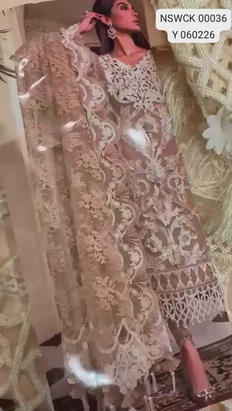 Beige Organza Silk Heavy Embroidered Unstitched 3 piece