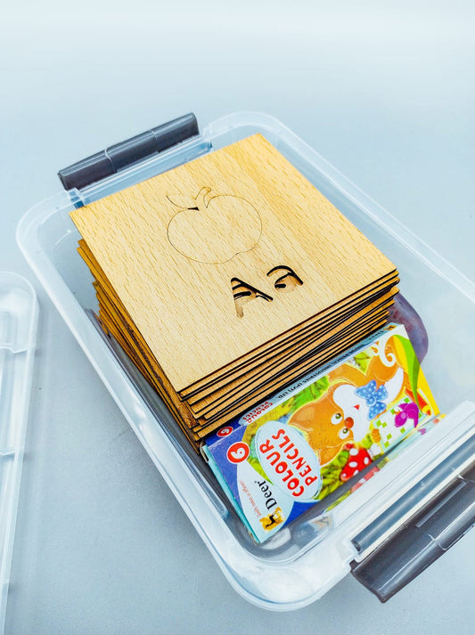 Wooden A to Z Alphabets Learning box with pictures Stencils with coloring pencils.