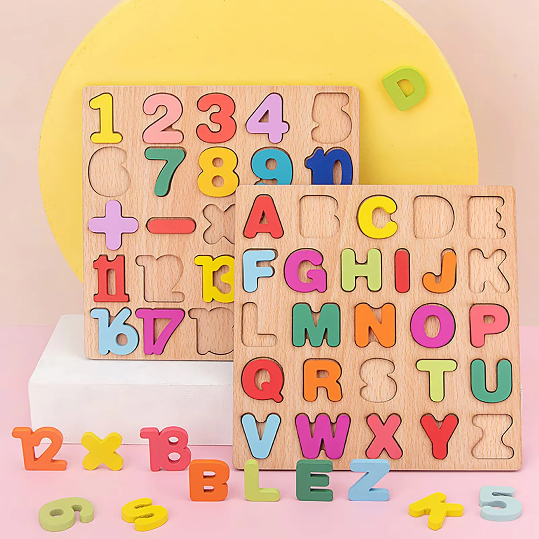 Wooden 3D Alphabets Numbers and Shapes Learning Puzzle Board