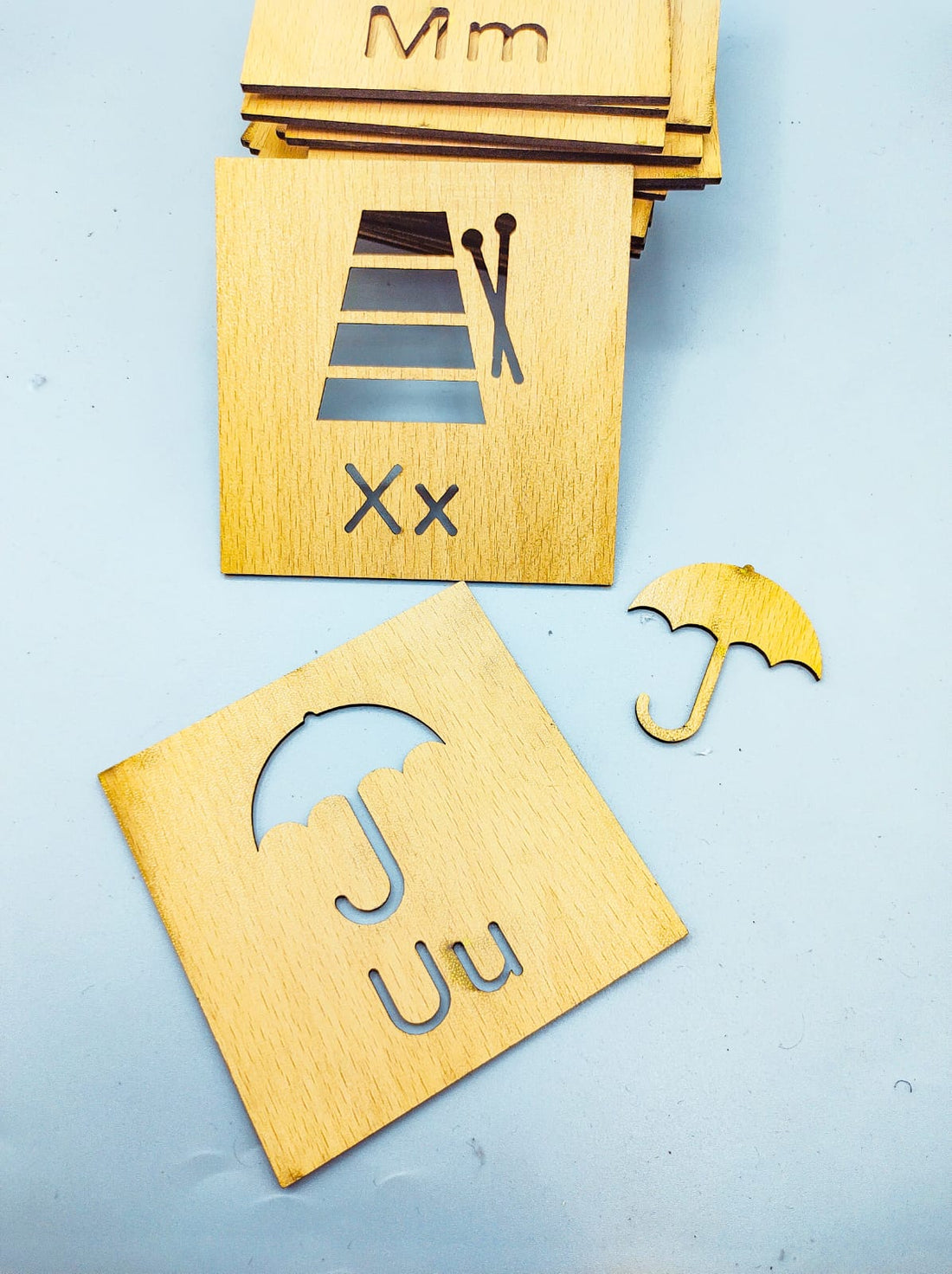 Wooden A to Z Alphabets Learning box with pictures Stencils with coloring pencils.
