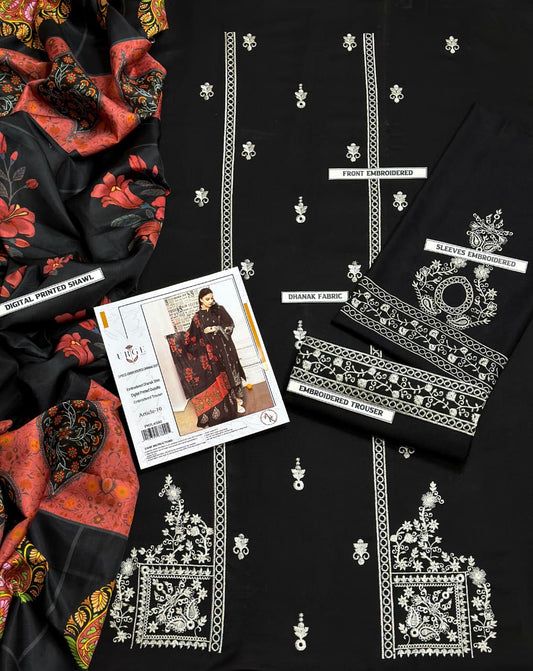 Fall and Winter Season-Black- Women Embroidered Unstitched 3 piece - Fabric Airjet Dhanak- Formal wear