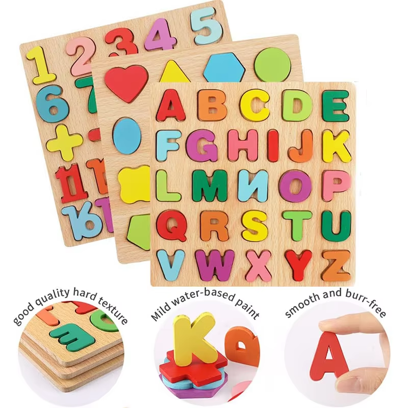 Wooden 3D Alphabets Numbers and Shapes Learning Puzzle Board