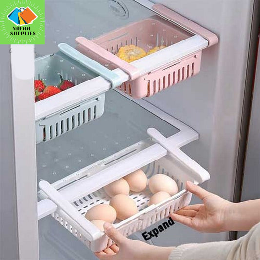 Expandable Fridge Drawer Storage Organizer Basket , 7.5-11.5 Inches Adjustable Refrigerator Storage basket for Fruit and Vegetable, Fridge Organization and Storage Box, Pull Out Drawer Fit for Fridge Shelf Under 3 INCH HEIGHT